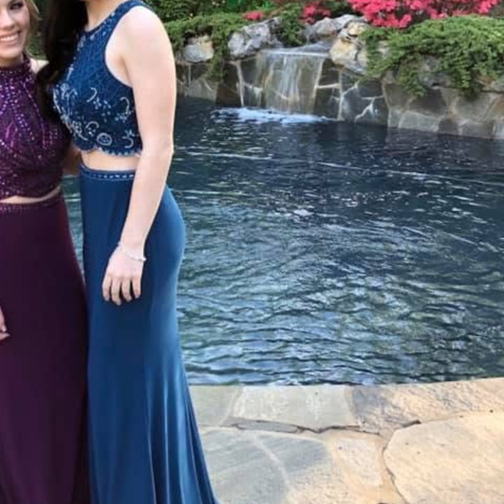 Peacock blue two piece prom dress